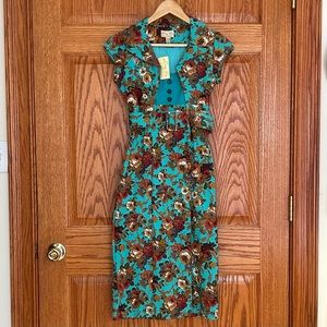 Lindy Bop Teal Floral Sheath, Sm, new with tags